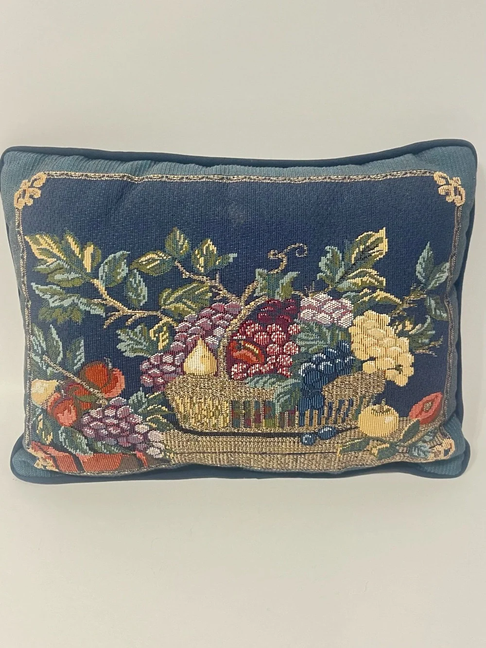 Vintage Embroidered Fruit Basket Needlepoint Decorative Cottagecore throw Pillow